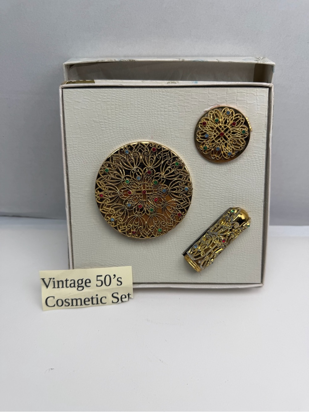 Vintage Gold Plated Encrusted Rhinestone Compact and Makeup set original box
